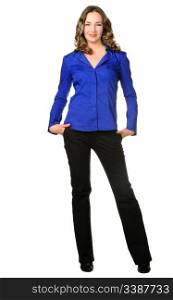 The attractive girl in trousers and dark blue shirt. It is isolated on a white background