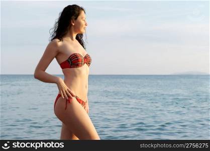 The attractive woman on seacoast. The nice young girl against the sea