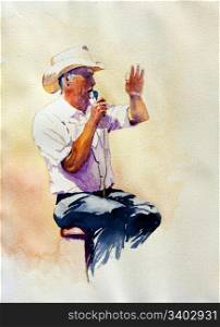 The Auctioneer is an original watercolor of a man conducting an auction.