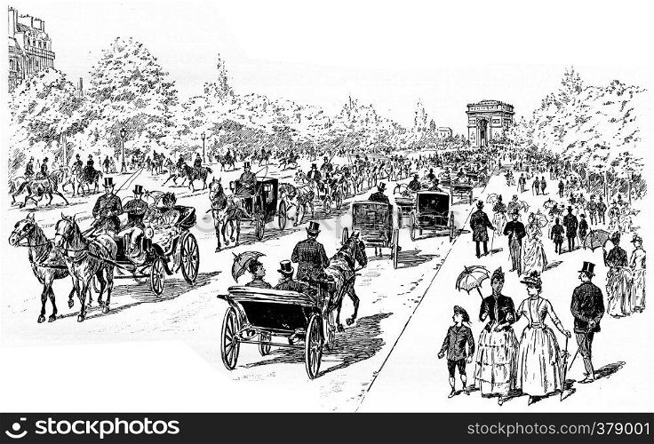 The Avenue at Bois de Boulogne, vintage engraved illustration. Paris - Auguste VITU ? 1890.