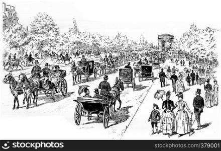 The Avenue at Bois de Boulogne, vintage engraved illustration. Paris - Auguste VITU ? 1890.