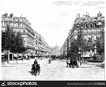 The Avenue de l'Opera, the square of the French theater, vintage engraved illustration. Paris - Auguste VITU ? 1890.