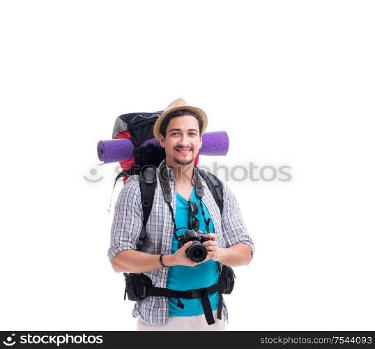 The backpacker with camera isolated on white background. Backpacker with camera isolated on white background