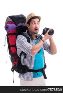 The backpacker with camera isolated on white background. Backpacker with camera isolated on white background