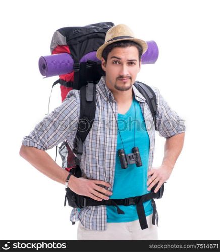 The backpacker with large backpack isolated on white. Backpacker with large backpack isolated on white