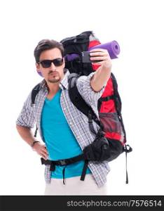 The backpacker with large backpack isolated on white. Backpacker with large backpack isolated on white