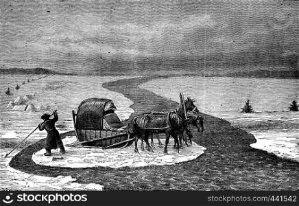 The Baikal lake. The ice bath, vintage engraved illustration. Journal des Voyage, Travel Journal, (1880-81).