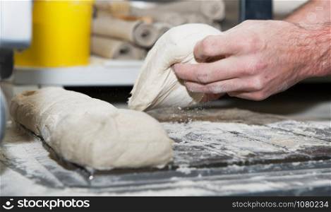 the baker prepares bread dough