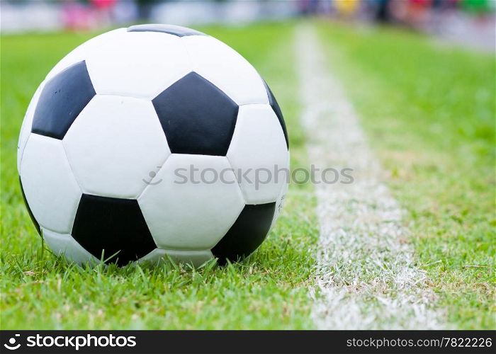 The ball in grass. The sideline. Fresh green grass. Black and white ball.