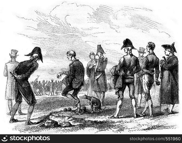 The Ball Players by Carle Vernet, vintage engraved illustration. Magasin Pittoresque 1867.