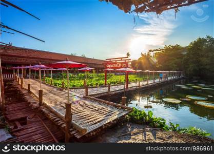 "The Bamboo bridge "Sapan Boon Wat Chet Lin" Pagoda temple It is a major tourist attraction in Chiang Mai, Thailand, October 14, 2018"