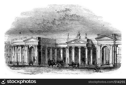 The Bank of Ireland, Dublin, seat of the Irish Parliament before the union, vintage engraved illustration. Magasin Pittoresque 1844.