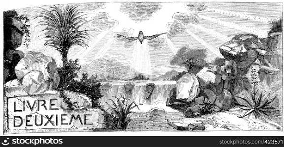 The baptism of Jesus Christ and the testimony of John the Baptist, vintage engraved illustration.