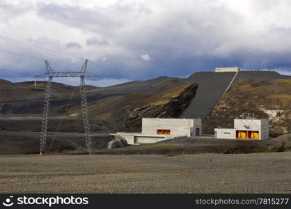 The barrage and power generator of a hydro-electric power plant in Iceland