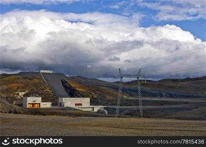 The barrage and power generator of a hydro-electric power plant in Iceland