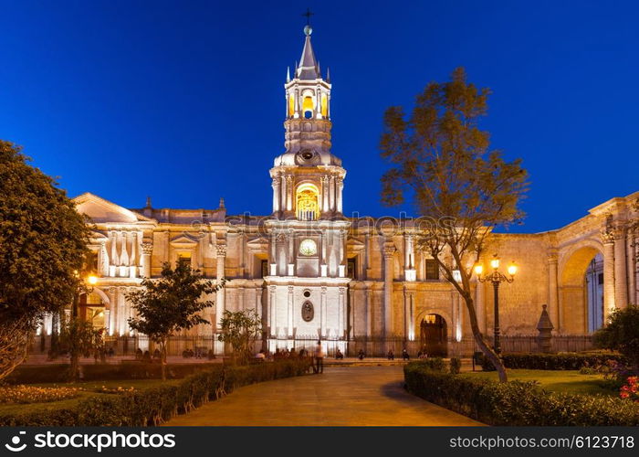 The Basilica Cathedral of Arequipa is located in the Plaza de Armas, city of Arequipa, Peru