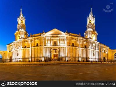 The Basilica Cathedral of Arequipa is located in the Plaza de Armas, city of Arequipa, Peru