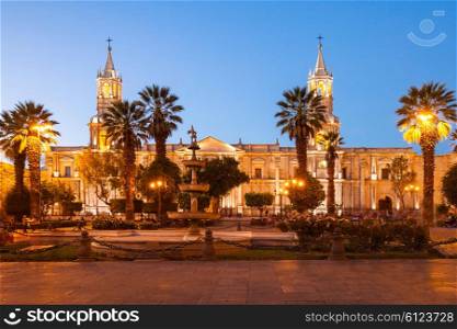 The Basilica Cathedral of Arequipa on sunset, Arequipa in Peru