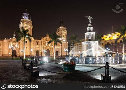 The Basilica Cathedral of Lima at night, it is a Roman Catholic cathedral located in the Plaza Mayor in Lima, Peru