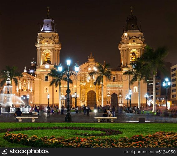 The Basilica Cathedral of Lima at night, it is a Roman Catholic cathedral located in the Plaza Mayor in Lima, Peru