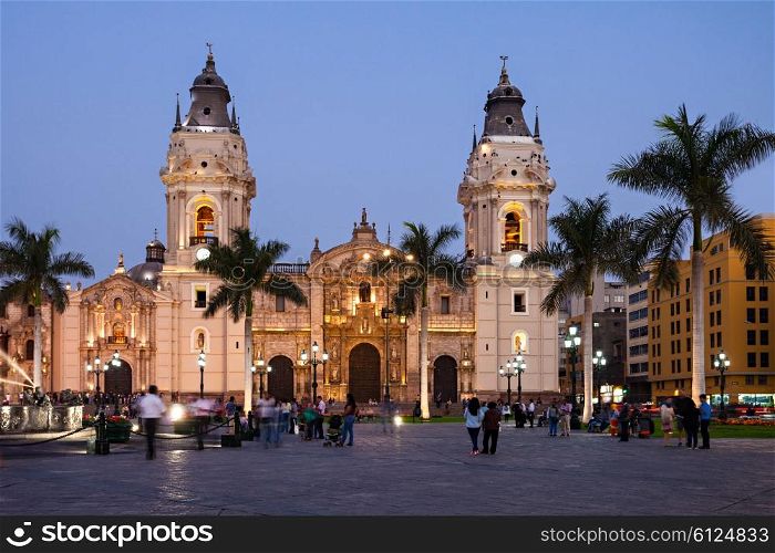 The Basilica Cathedral of Lima at sunset, it is a Roman Catholic cathedral located in the Plaza Mayor in Lima, Peru