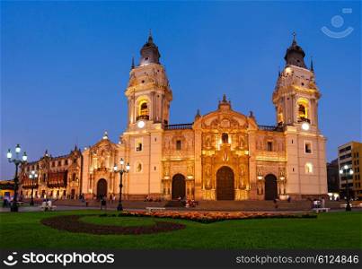 The Basilica Cathedral of Lima at sunset, it is a Roman Catholic cathedral located in the Plaza Mayor in Lima, Peru