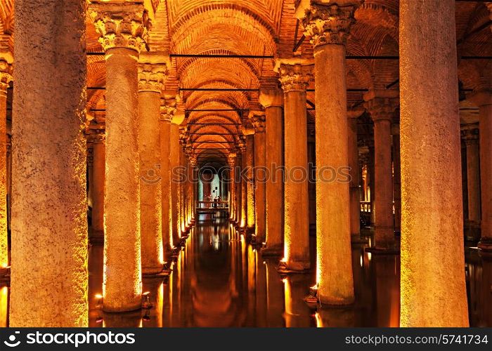 The Basilica Cistern (Turkish: Yerebatan Sarayi - Sunken Palace), is the largest of several hundred ancient cisterns that lie beneath the city of Istanbul, Turkey.