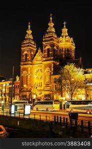The Basilica of Saint Nicholas (Sint-Nicolaasbasiliek) in Amsterdam at night