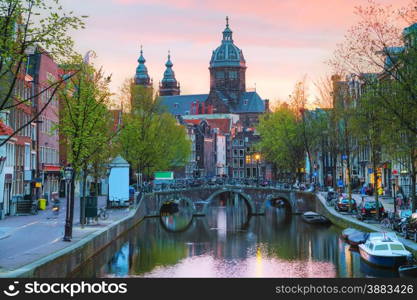 The Basilica of Saint Nicholas (Sint-Nicolaasbasiliek) in Amsterdam at sunrise