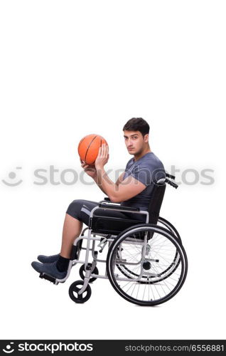 The basketball player recovering from injury on wheelchair. Basketball player recovering from injury on wheelchair