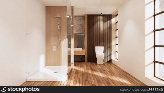 The Bath and toilet on bathroom japanese wabi sabi style .3D rendering