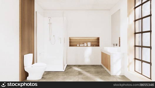 The Bath and toilet on bathroom japanese wabi sabi style .3D rendering