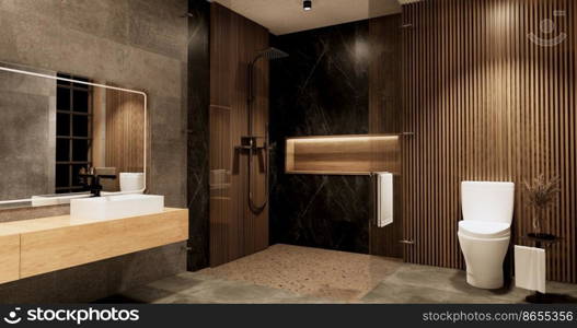 The Bath and toilet on bathroom japanese wabi sabi style .3D rendering