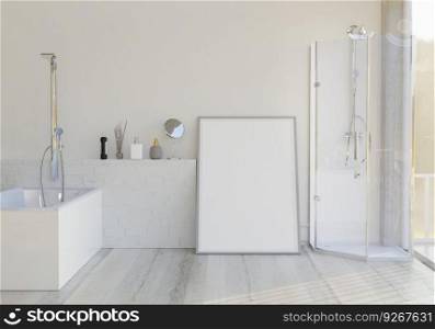 The bathroom consists of a bathtub and a wall frame.