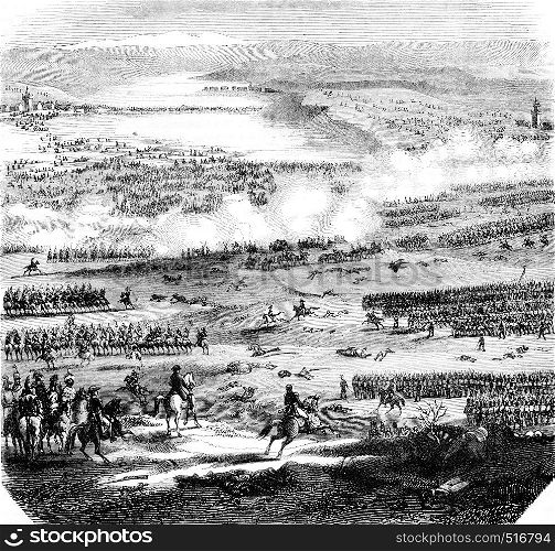 The Battle of Austerlitz, figured after the plans and drawings preserved at the Depot of the war, vintage engraved illustration. Magasin Pittoresque 1844.