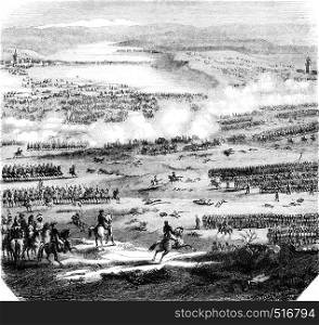 The Battle of Austerlitz, figured after the plans and drawings preserved at the Depot of the war, vintage engraved illustration. Magasin Pittoresque 1844.