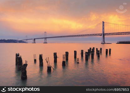 The Bay Bridge at sunset, San Francisco, California, USA