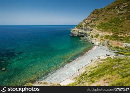 The beach and Genoese tower at Negru on the west coast of Cap Corse in Corsica