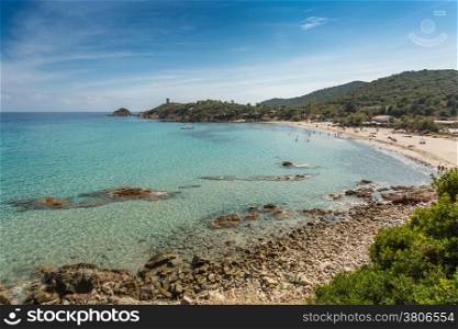 The beach, coast and Genoese tower at Fautea on the east coast of Corsica