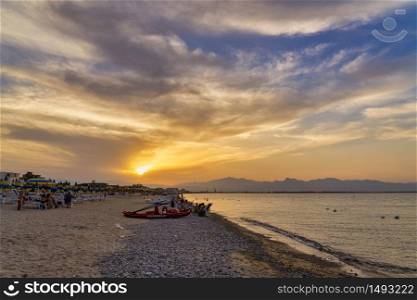 The beach of Schiavonea, Cosenza, Calabria, Italy, at summer (July). Sunset