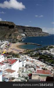 the beach of the fishing village of Puerto de Mogan in the south of Gran Canay on the Canary Island of Spain in the Atlantic ocean.. EUROPE CANARY ISLAND GRAN CANARY