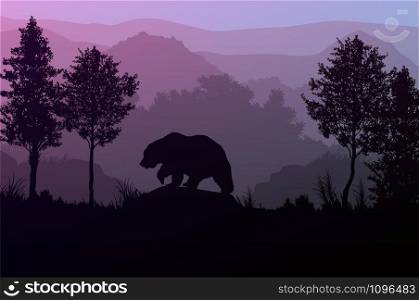 The bear in the forest Natural jungle green mountains horizon trees Landscape wallpaper Sunrise and sunset Illustration vector style Colorful view background
