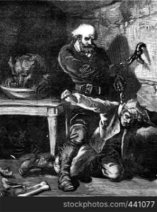 The bear tamer mountains Kaatskill. He opened an iron collar and neck are locked by the young pioneer, vintage engraved illustration. Journal des Voyage, Travel Journal, (1880-81).