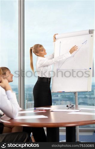 The beautiful business woman holds business plan presentation at office
