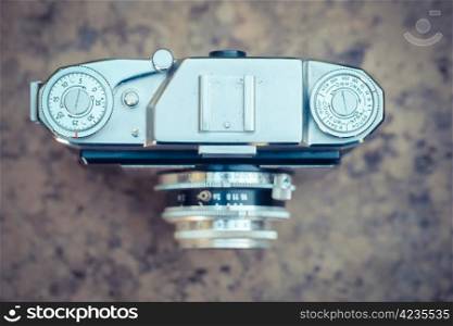 The beautiful design of an old vintage camera with analogic film