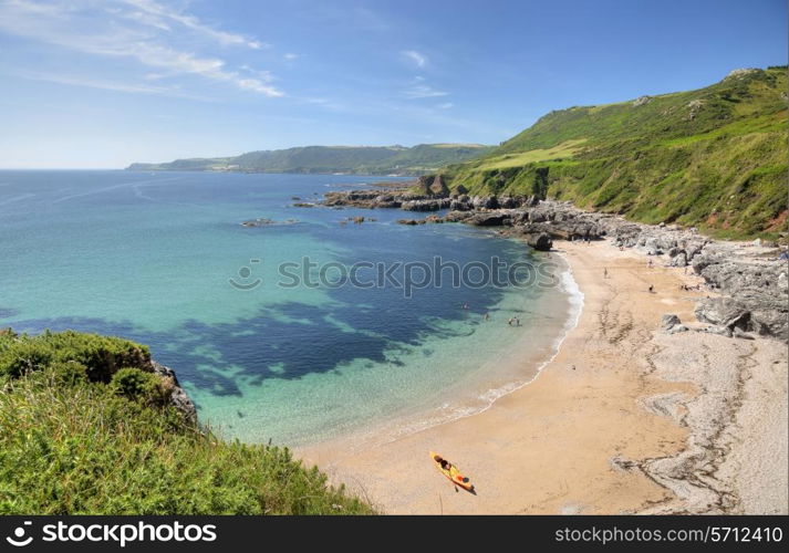 The beautiful emerald waters at Great Mattiscombe Sand, Devon, England.