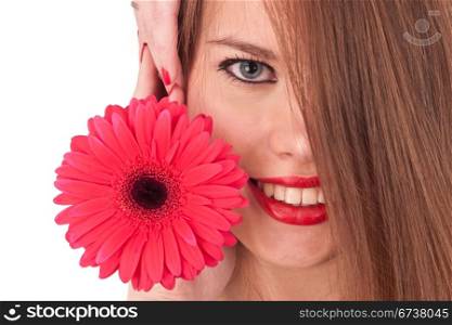 the beautiful girl and red flower isolated on white