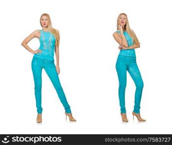 The beautiful girl in blue clothing isolated on white. Beautiful girl in blue clothing isolated on white