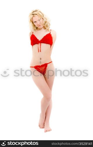 The beautiful girl in elegant red linen. Isolated on white