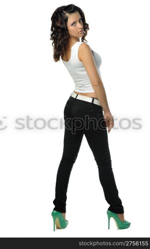 The beautiful girl isolated at white. A portrait of the beautiful girl of the European appearance